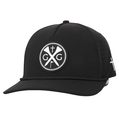 Gospel Golf Black Out Rope HatElevate your style with our Gospel Golf Hat featuring a rope detail and a distinctive rubber patch logo, accompanied by an embroidered cross on the side.