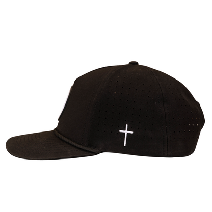 Gospel Golf Black Out Rope HatElevate your style with our Gospel Golf Hat featuring a rope detail and a distinctive rubber patch logo, accompanied by an embroidered cross on the side.