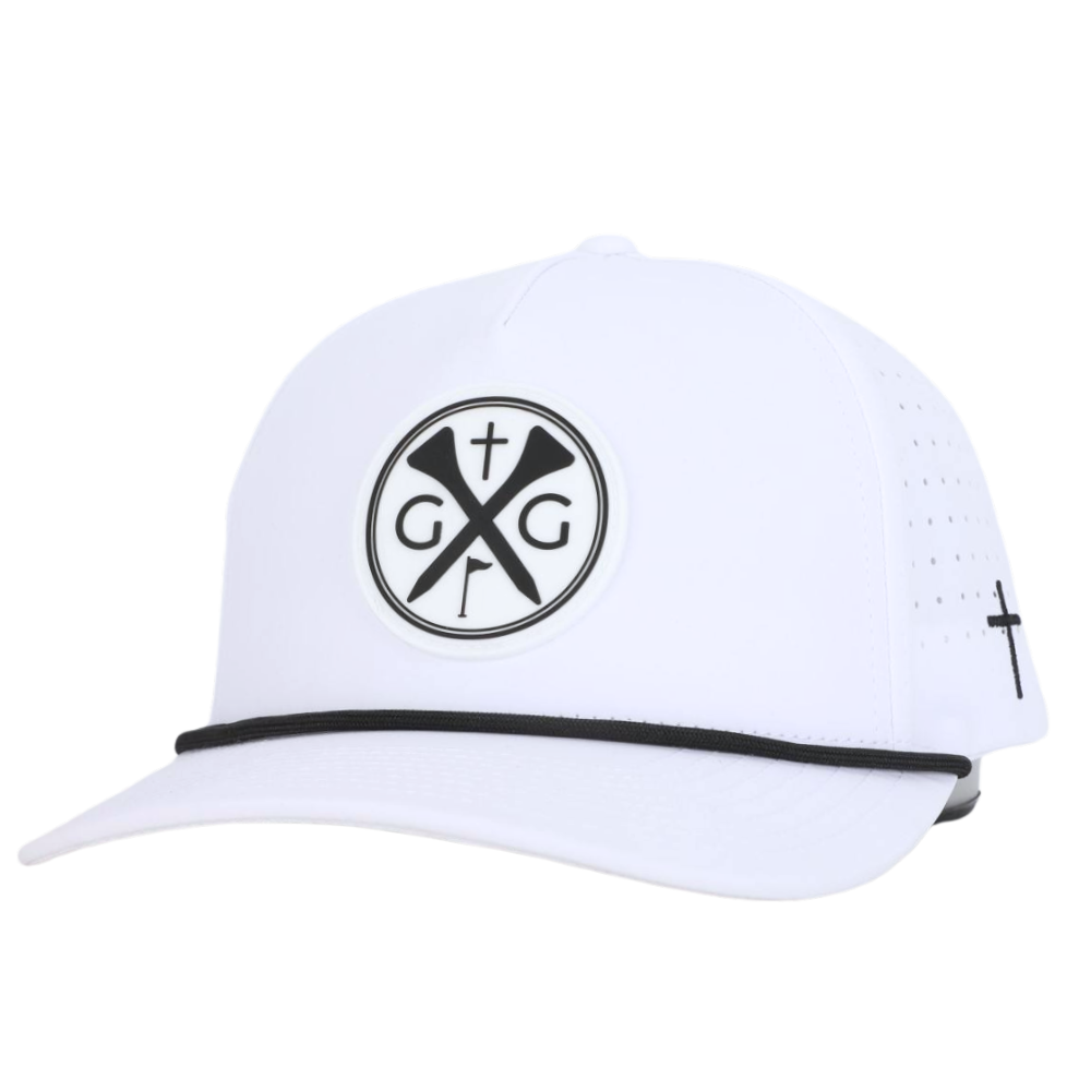 Gospel Golf Original White Rope HatElevate your style with our Gospel Golf Hat featuring a rope detail and a distinctive rubber patch logo, accompanied by an embroidered cross on the side.