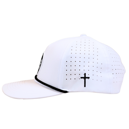 Gospel Golf Original White Rope HatElevate your style with our Gospel Golf Hat featuring a rope detail and a distinctive rubber patch logo, accompanied by an embroidered cross on the side.