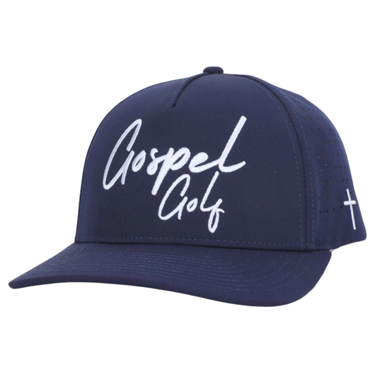 Gospel Golf Cursive Navy Hat - ApparelGospel Golf Hat, designed for those who value simplicity and elegance. This snapback hat features an embroidered cursive Gospel Golf text.