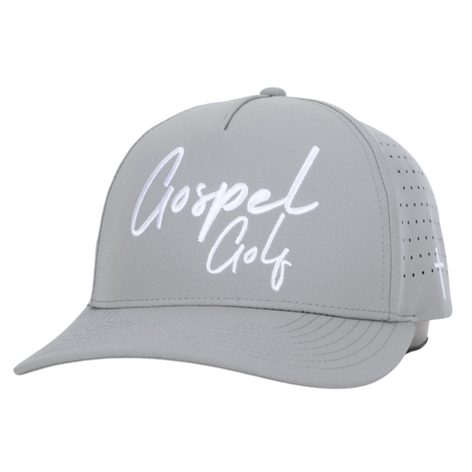 Gospel Golf Cursive Grey Hat - ApparelGospel Golf Hat, designed for those who value simplicity and elegance. This snapback hat features an embroidered cursive Gospel Golf text.